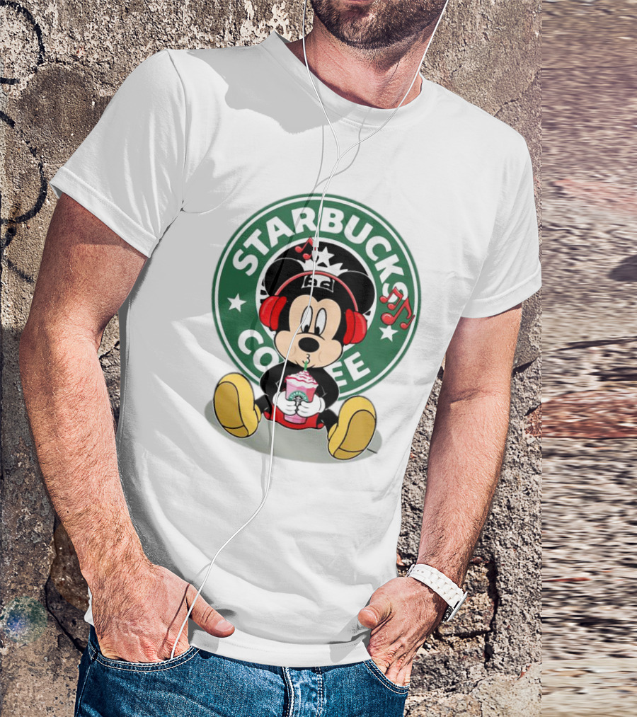 Mickey Mouse Listening To Music With Starbucks Coffee Cup T-Shirt
