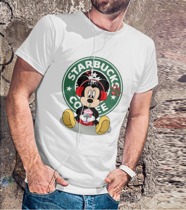 Mickey Mouse Listening To Music With Starbucks Coffee Cup T-Shirt