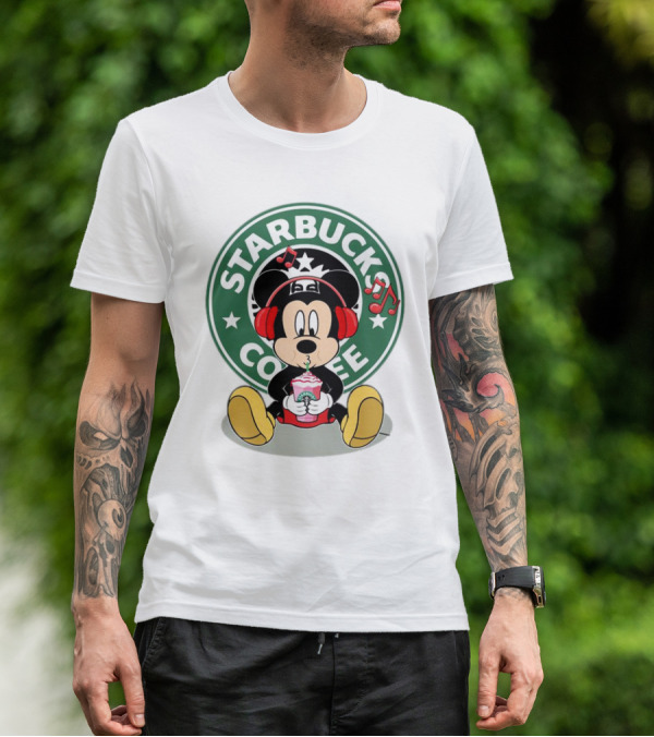 Mickey Mouse Listening To Music With Starbucks Coffee Cup T-Shirt
