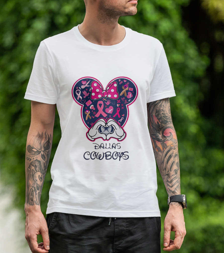 Minnie Mouse Pink Ribbon Heart Hands Dallas Cowboys Breast Cancer Awareness T-Shirt