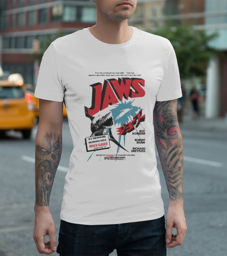 Jaws One Man Against A Giant Killer Shark Beach Closed Hazardous Area Roy Scheider Robert Shaw Richard Dreyfuss T-Shirt