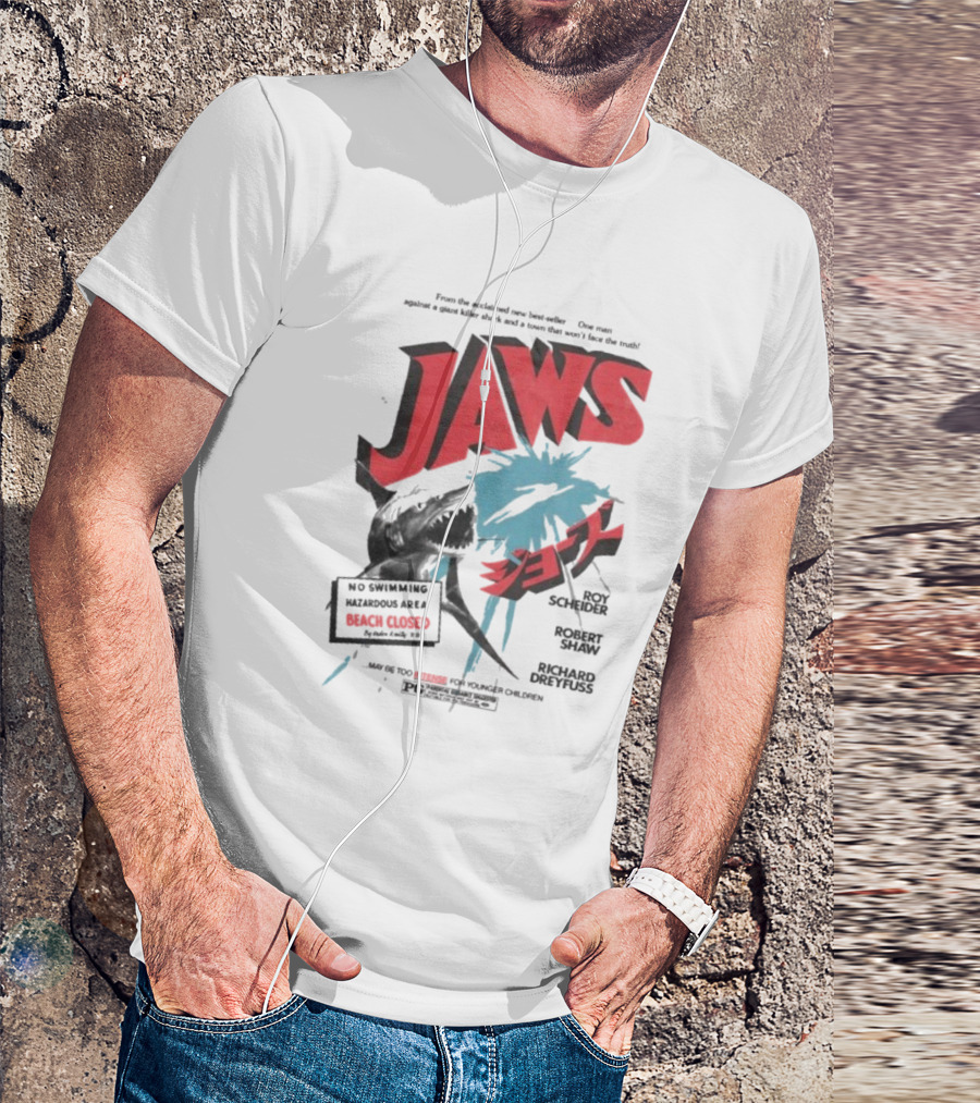 Jaws One Man Against A Giant Killer Shark Beach Closed Hazardous Area Roy Scheider Robert Shaw Richard Dreyfuss T-Shirt