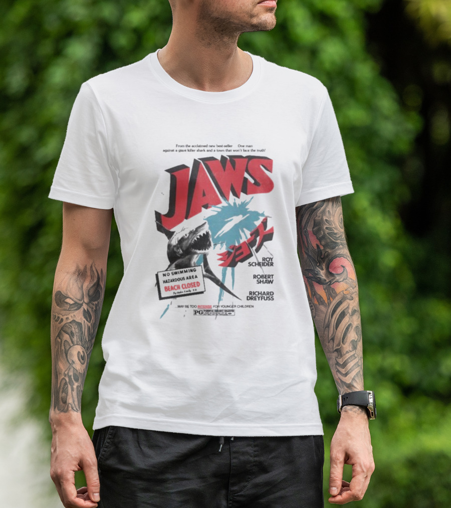 Jaws One Man Against A Giant Killer Shark Beach Closed Hazardous Area Roy Scheider Robert Shaw Richard Dreyfuss T-Shirt