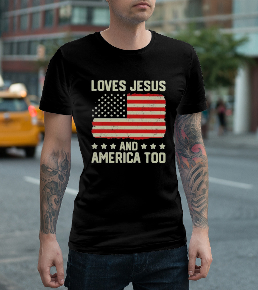 Loves Jesus and America Too Vintage Independence Day Flag T-Shirt