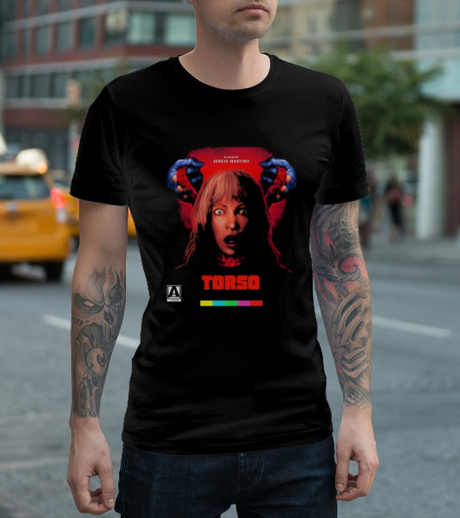 A Film By Sergio Martino Torso Horror Classic with Frightened Woman and Hands in Red and Blue T-Shirt