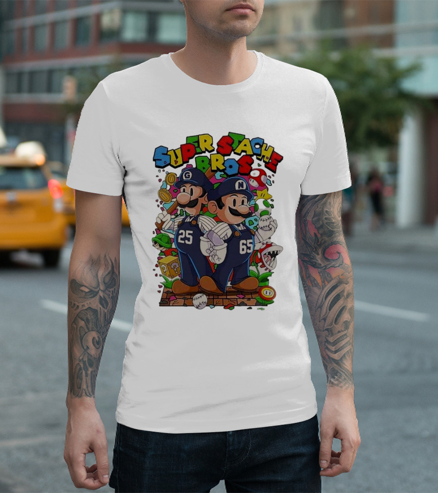 Super Stache Bros Numbers 25 and 65 Baseball Mario T-Shirt