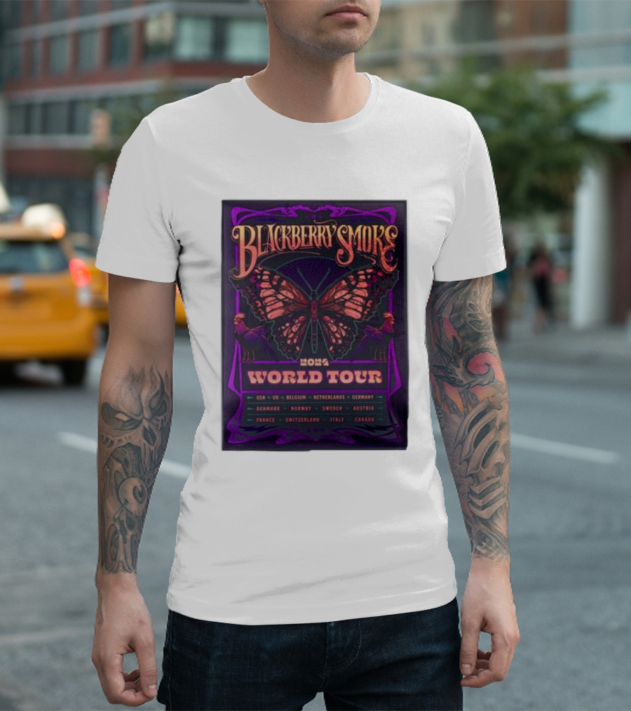Blackberry Smoke 2024 World Tour USA UK Belgium Netherlands Germany Denmark Norway Sweden Austria France Switzerland Italy Canada Butterfly T-Shirt