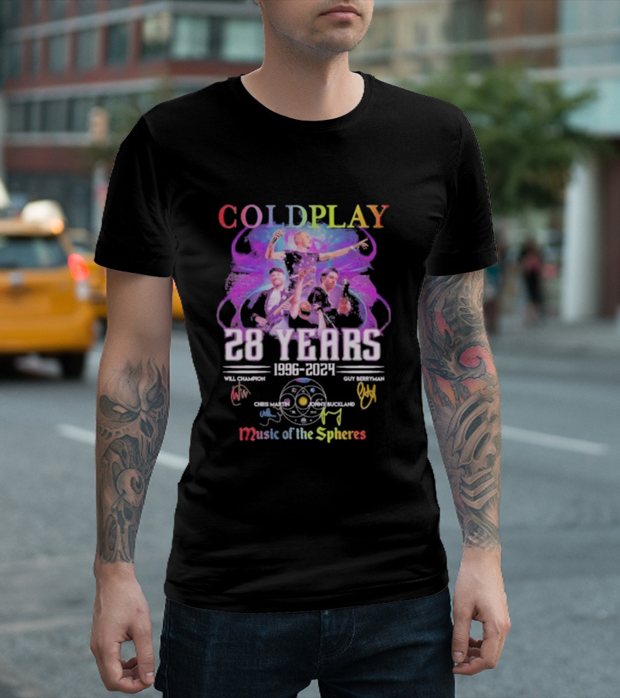 COLDPLAY 28 Years 1996-2024 Music Of The Spheres World Tour Signatures Will Champion Chris Martin Guy Berryman Jonny Buckland T-Shirt
