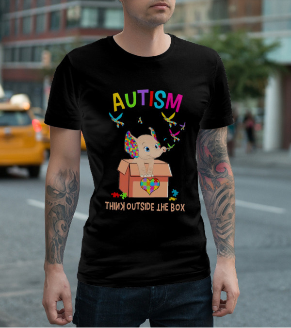 AUTISM Think Outside The Box Elephant With Puzzle Pieces And Butterflies T-Shirt