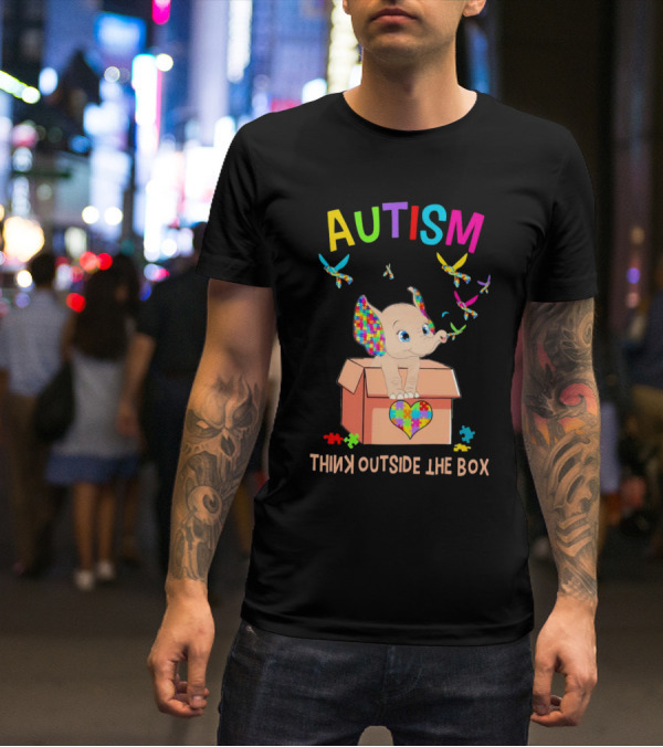 AUTISM Think Outside The Box Elephant With Puzzle Pieces And Butterflies T-Shirt