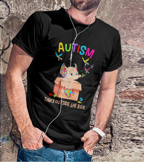 AUTISM Think Outside The Box Elephant With Puzzle Pieces And Butterflies T-Shirt