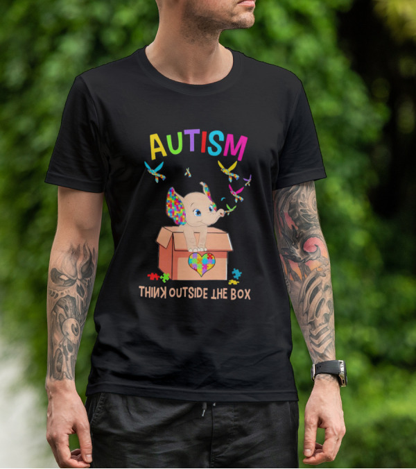AUTISM Think Outside The Box Elephant With Puzzle Pieces And Butterflies T-Shirt