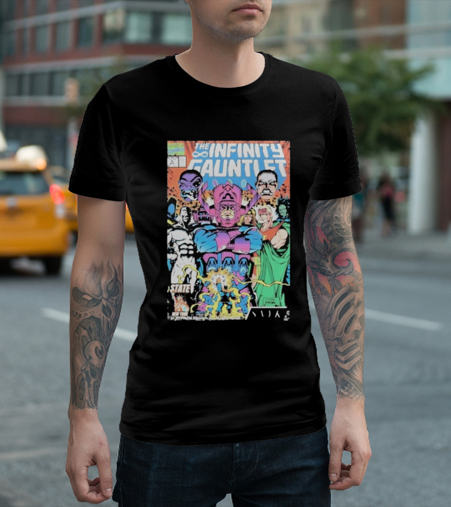 The Infinity Gauntlet Marvel Comics Cover Featuring Iconic Characters Galactus and Artistry T-Shirt
