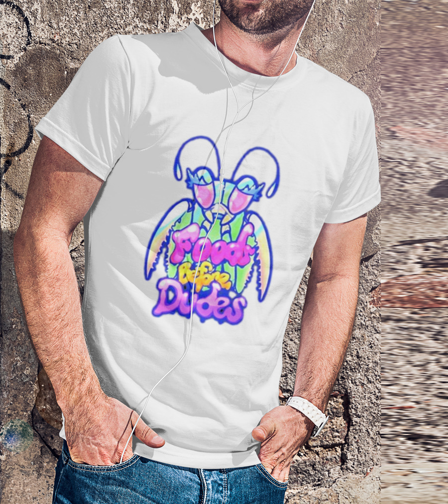 Mantis Neon Foods Before Dudes Colorful Insect Motif T-Shirt