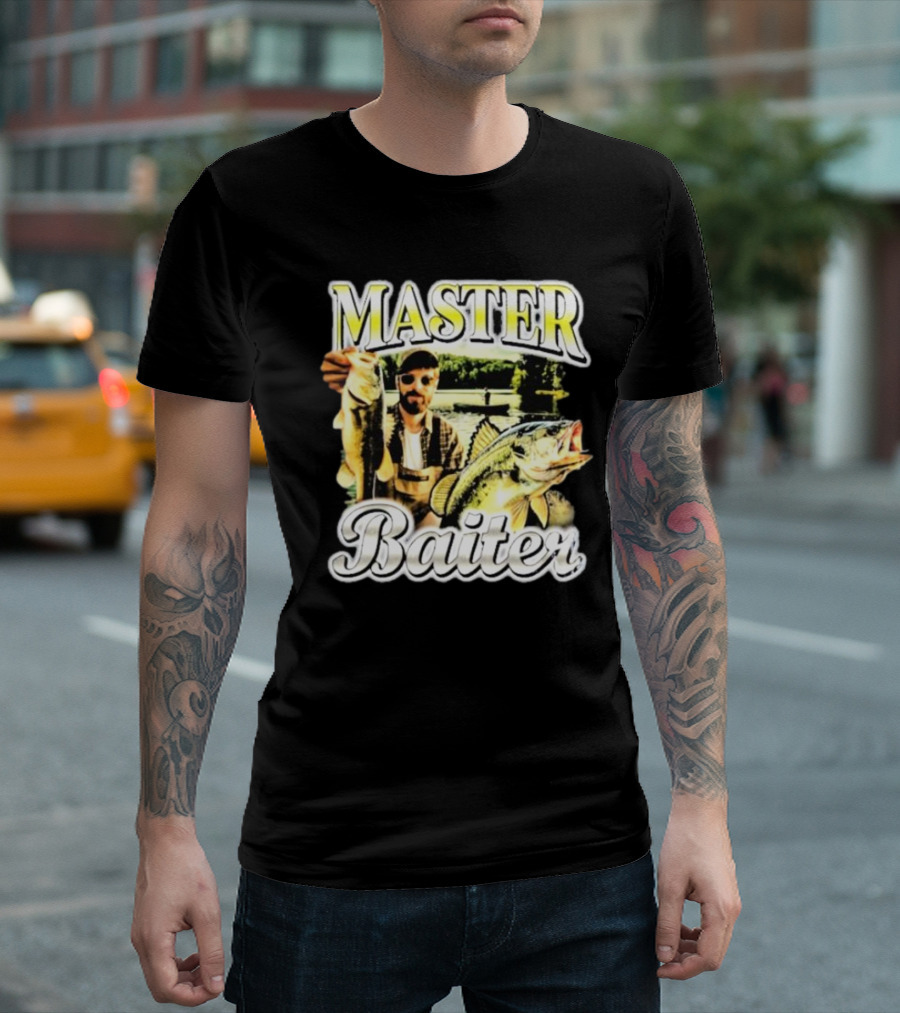 MASTER BAITER Fisherman Holding Fish in Lake Scene T-Shirt