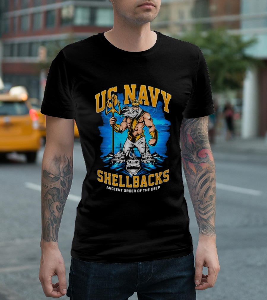US Navy Shellbacks Poseidon Ancient Order of the Deep with Battleship T-Shirt