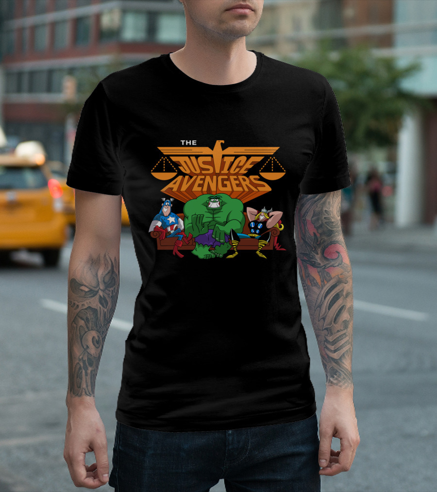 The Justice Avengers Hero Parody Featuring Scales Of Justice And Warrior Figures T-Shirt
