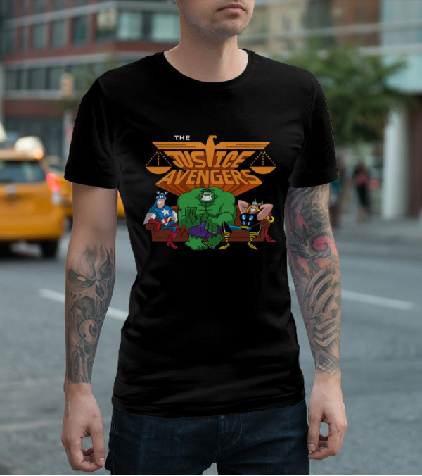 The Justice Avengers Hero Parody Featuring Scales Of Justice And Warrior Figures T-Shirt
