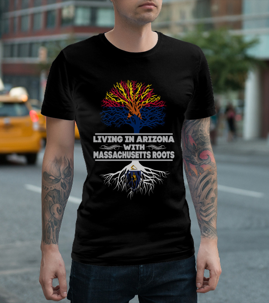 Living in Arizona with Massachusetts Roots Tree Design Featuring State Colors and Symbols T-Shirt
