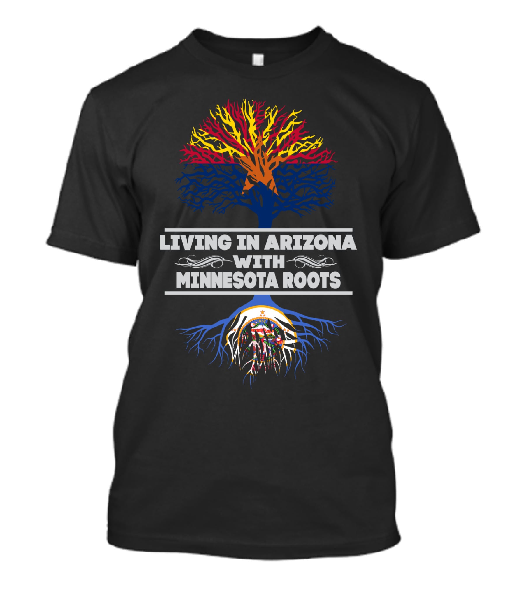 Living In Arizona With Minnesota Roots Tree Design With Dual State Colors T-Shirt