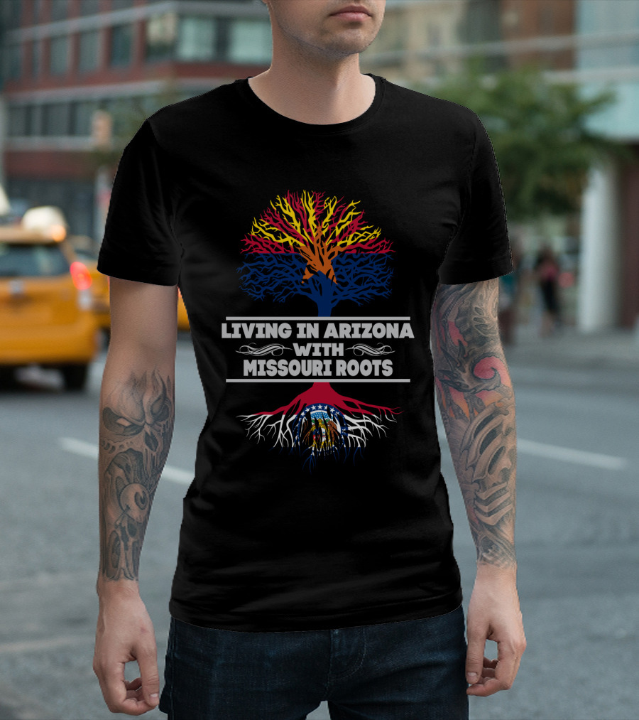 Living in Arizona with Missouri Roots Tree Design Featuring State Colors and Seal T-Shirt