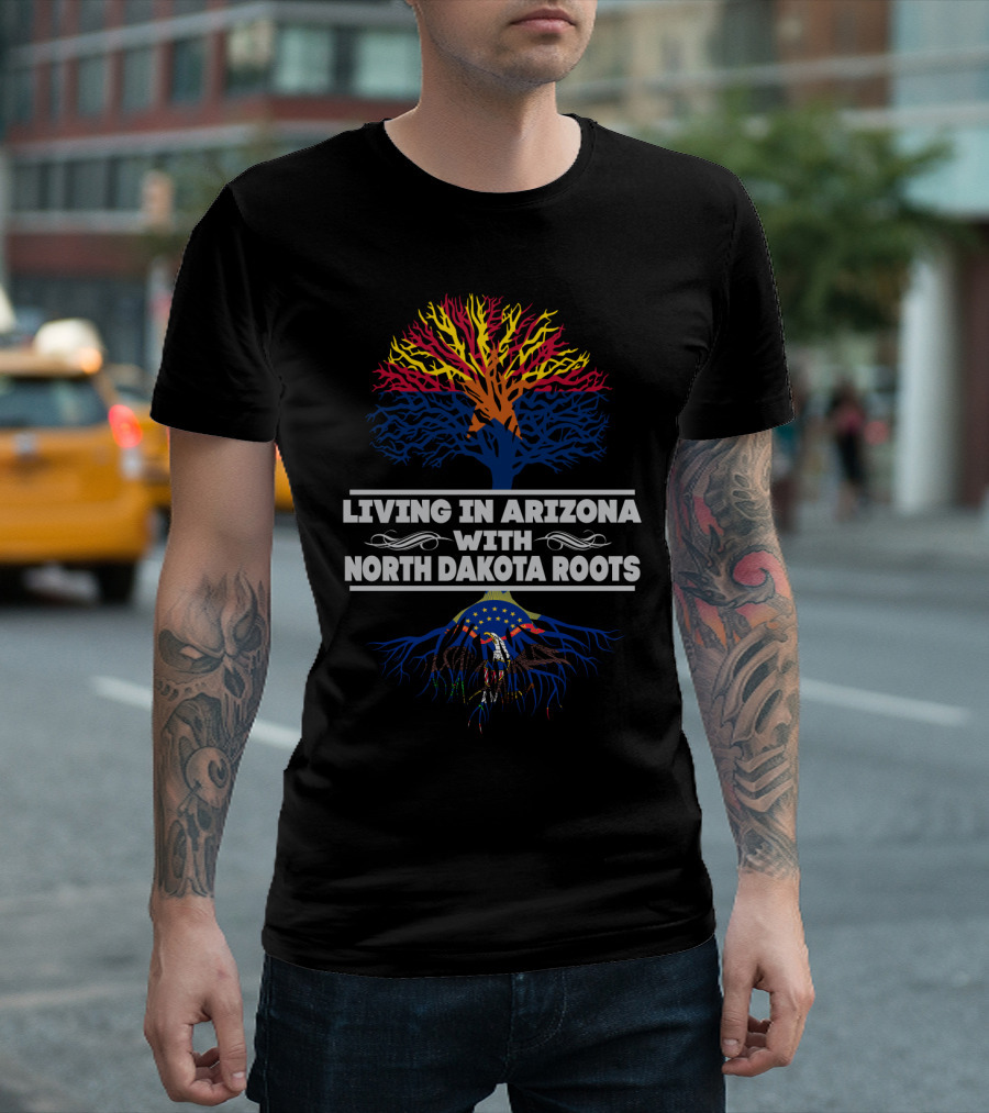 Living in Arizona with North Dakota Roots – Colorful Tree Design Incorporating State Flag T-Shirt