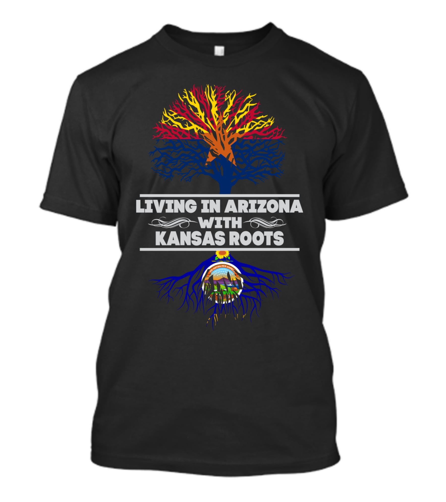 Living In Arizona With Kansas Roots Tree Design Featuring State Colors T-Shirt