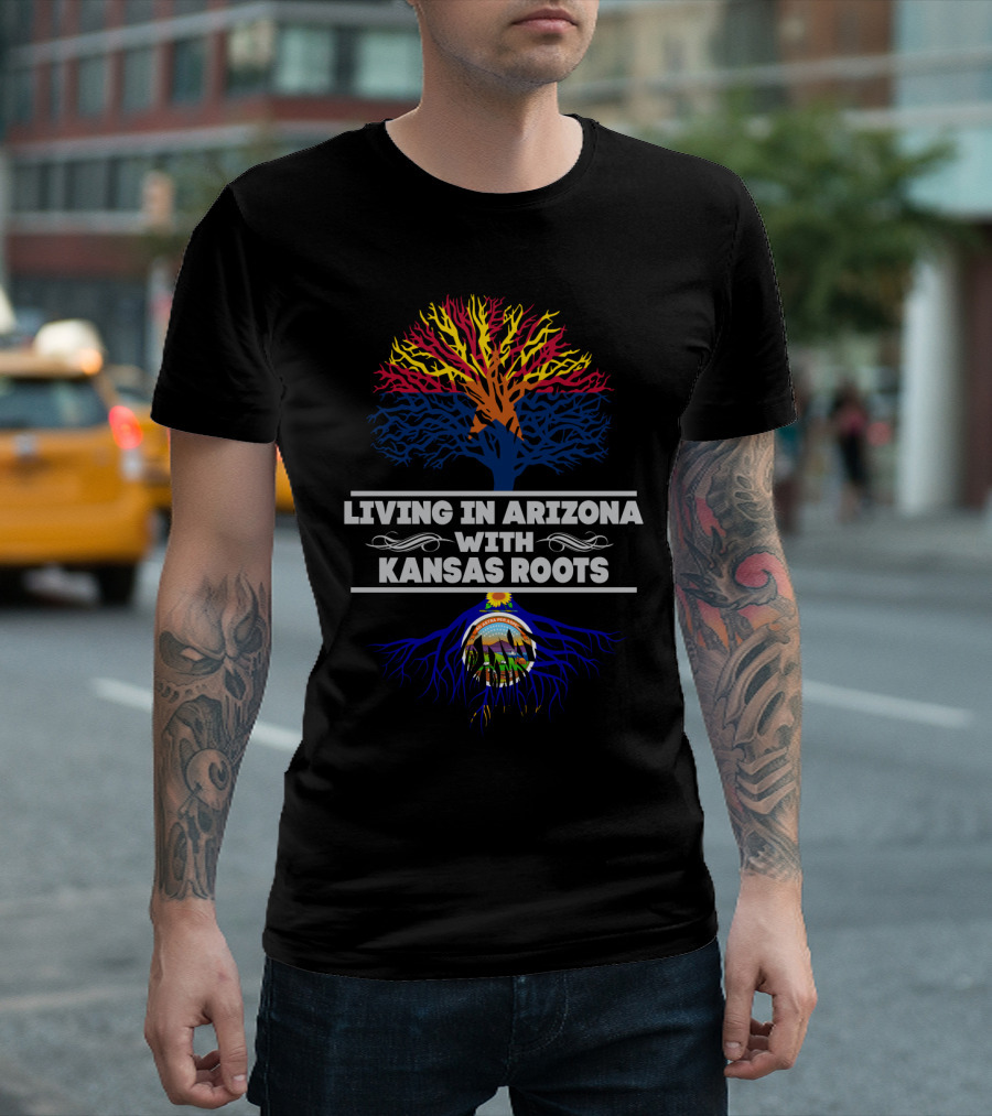 Living In Arizona With Kansas Roots Tree Design Featuring State Colors T-Shirt