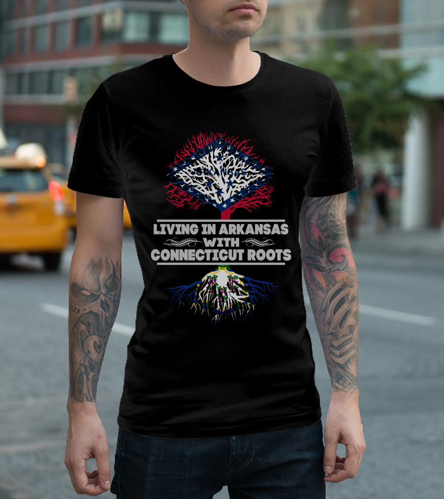 Arkansas Living with Connecticut Roots Tree Design Featuring State Flag Colors and Symbols T-Shirt