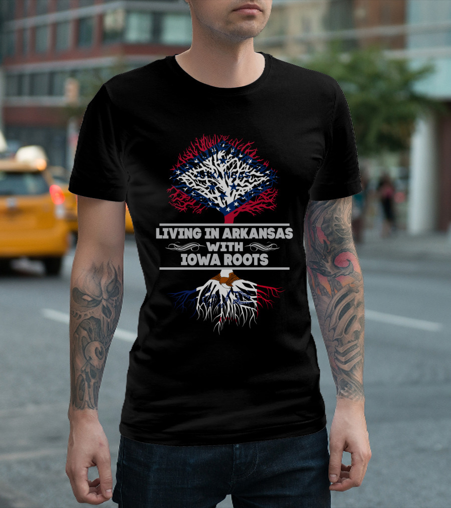 Arkansas Tree With Iowa Roots Flag Design Living in Arkansas With IOWA Roots T-Shirt