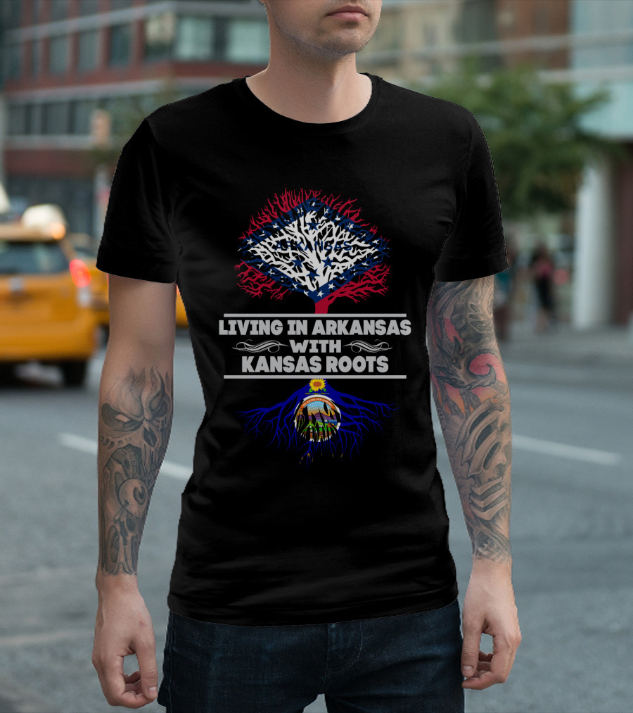 Living In Arkansas With Kansas Roots Showing State Tree And Seal Graphics T-Shirt