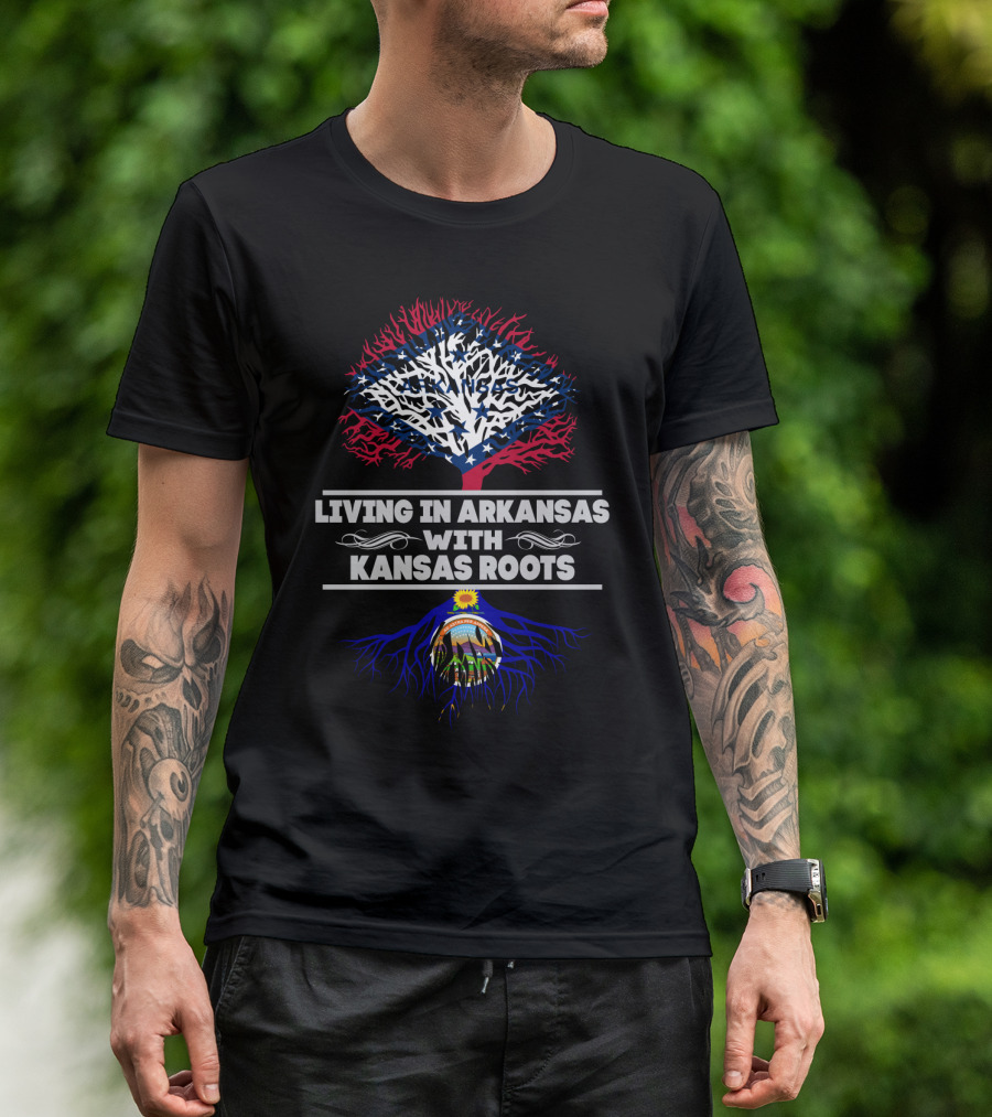 Living In Arkansas With Kansas Roots Showing State Tree And Seal Graphics T-Shirt