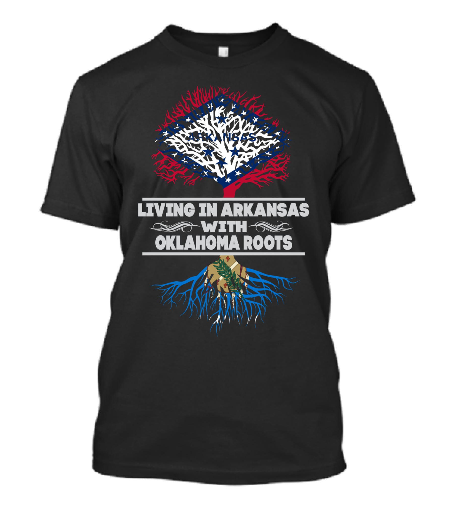 Living In Arkansas With Oklahoma Roots USA Flag And Tree T-Shirt
