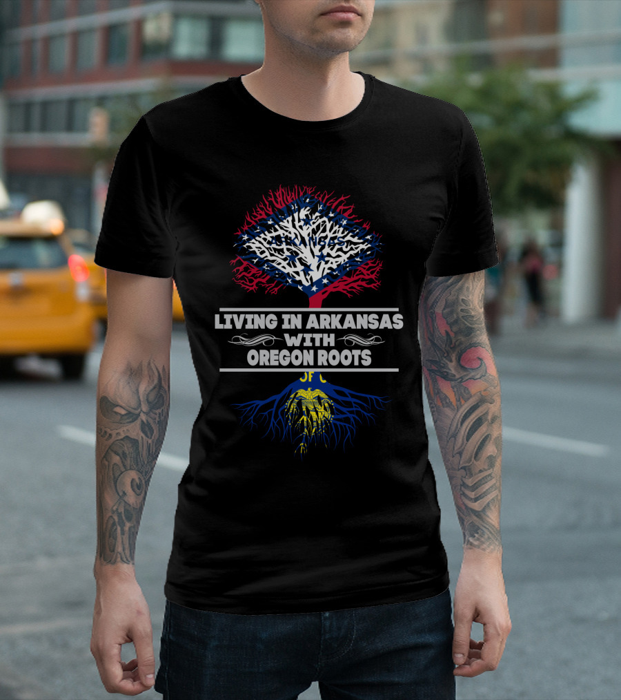 Living in Arkansas With Oregon Roots Patriotic Tree Design Featuring State Flag Elements T-Shirt