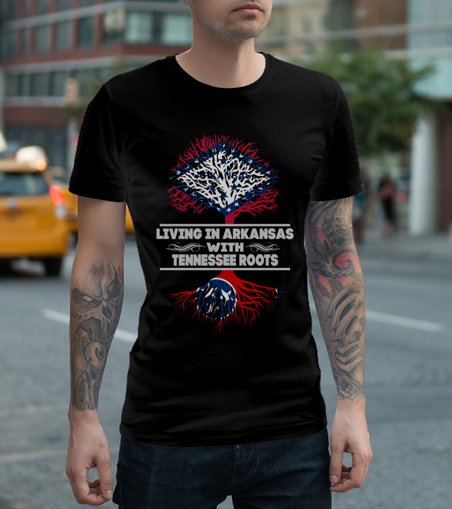Living in Arkansas with Tennessee Roots Tree Design Featuring State Flags and Symbolic Elements T-Shirt
