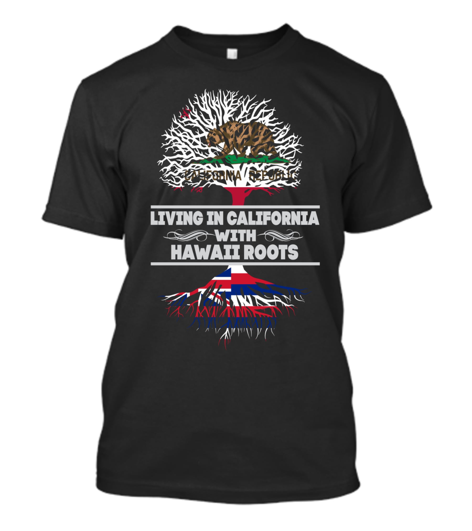 California Republic Bear And Hawaiian Flag Tree Roots - Living In California With Hawaii Roots T-Shirt