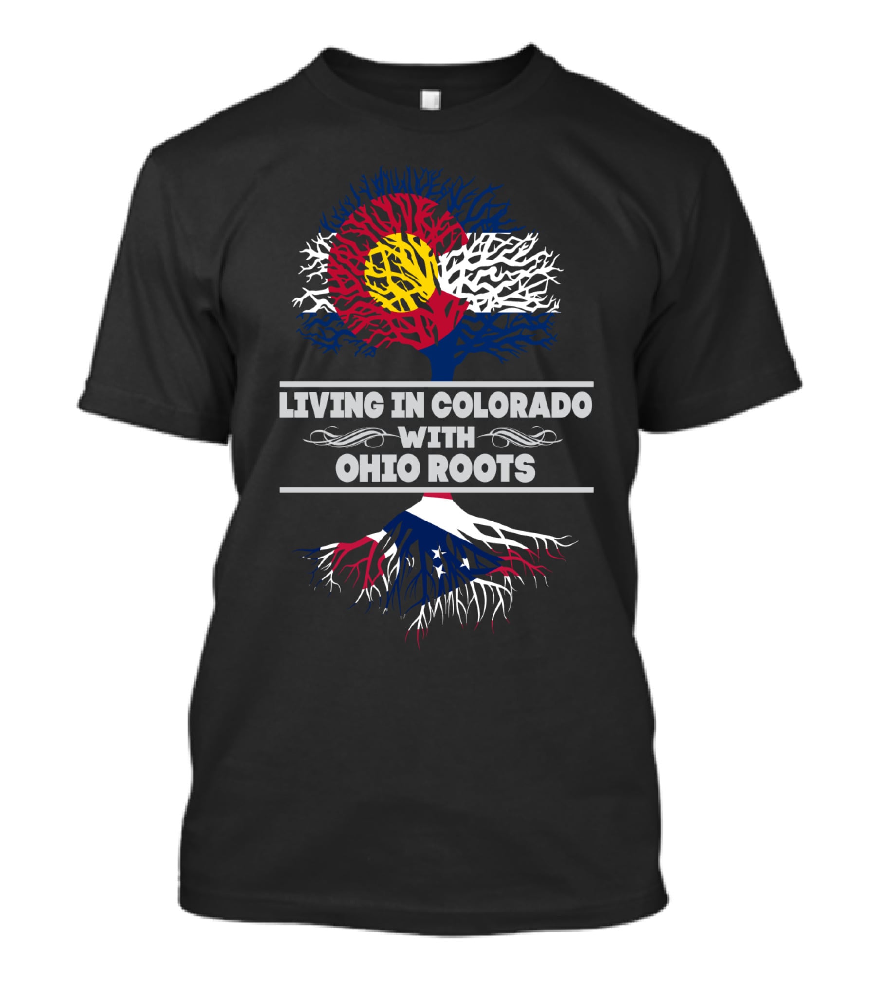 Colorado And Ohio Flag-Themed Tree Graphic Living In Colorado With OHIO Roots T-Shirt
