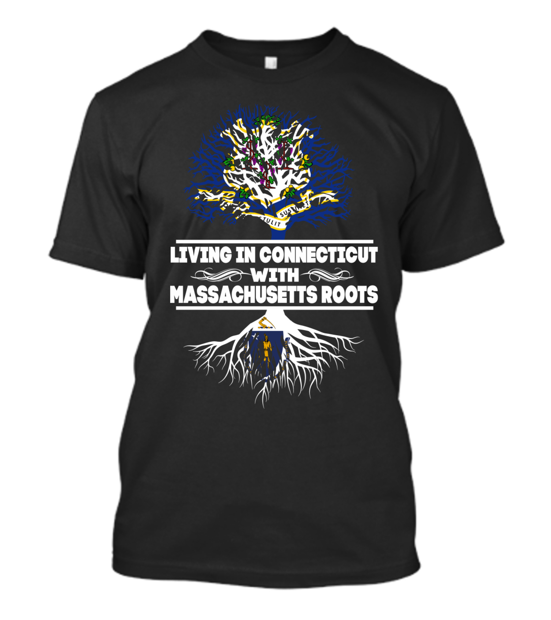 Connecticut Life Massachusetts Roots Tree Design With State Flags And Symbols T-Shirt