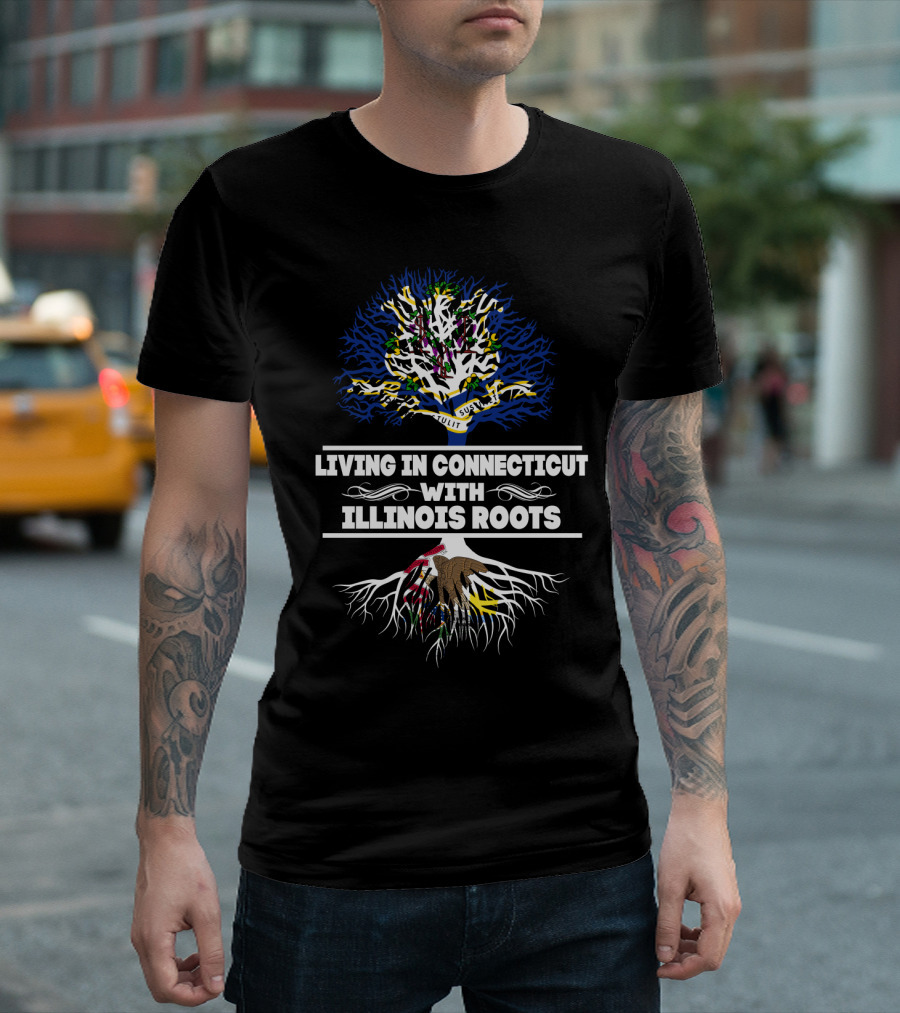 Living in Connecticut With Illinois Roots Tree with State Flag Colors and Seal Symbolism T-Shirt