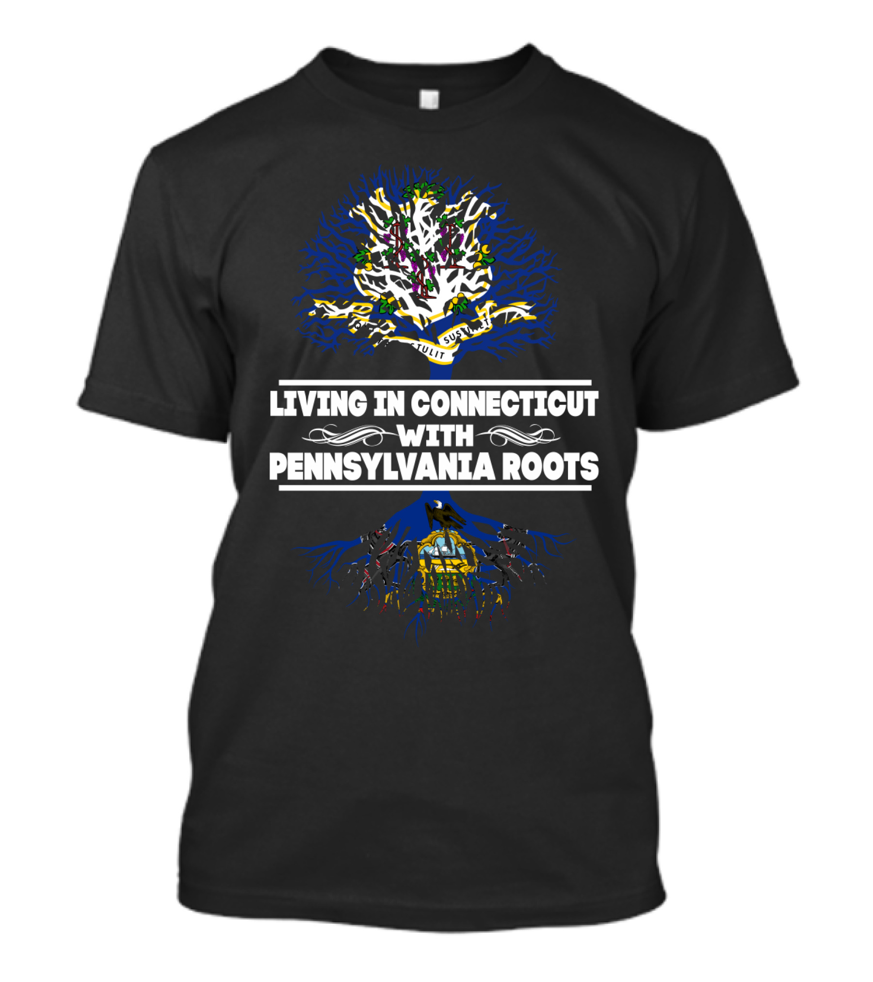 Connecticut Living Pennsylvania Roots Tree Design With Flag Elements T-Shirt
