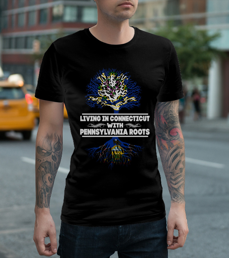 Connecticut Living Pennsylvania Roots Tree Design with Flag Elements T-Shirt