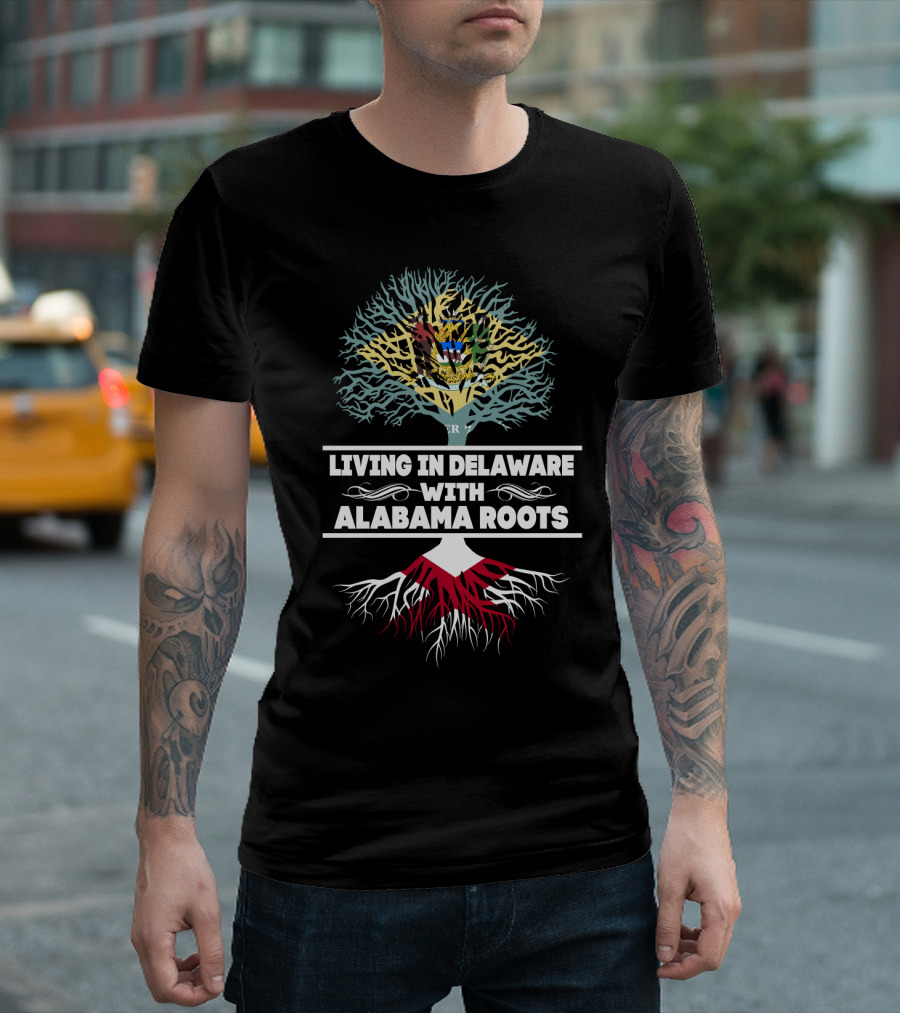 Delaware Living with Deep Alabama Roots Tree Design and State Symbols T-Shirt