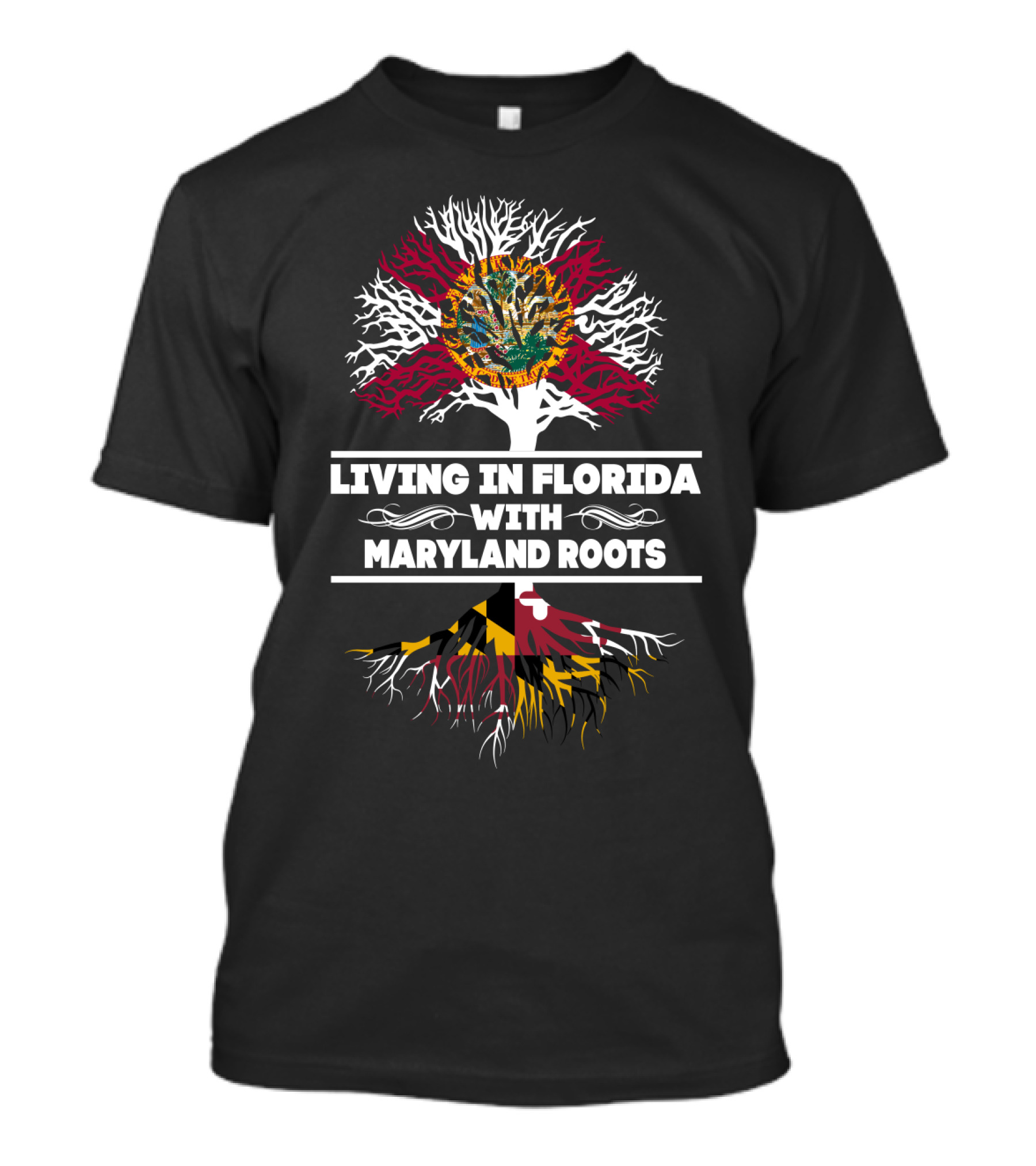 Florida And Maryland Flags With Tree Roots: Living In Florida With Maryland Origins T-Shirt