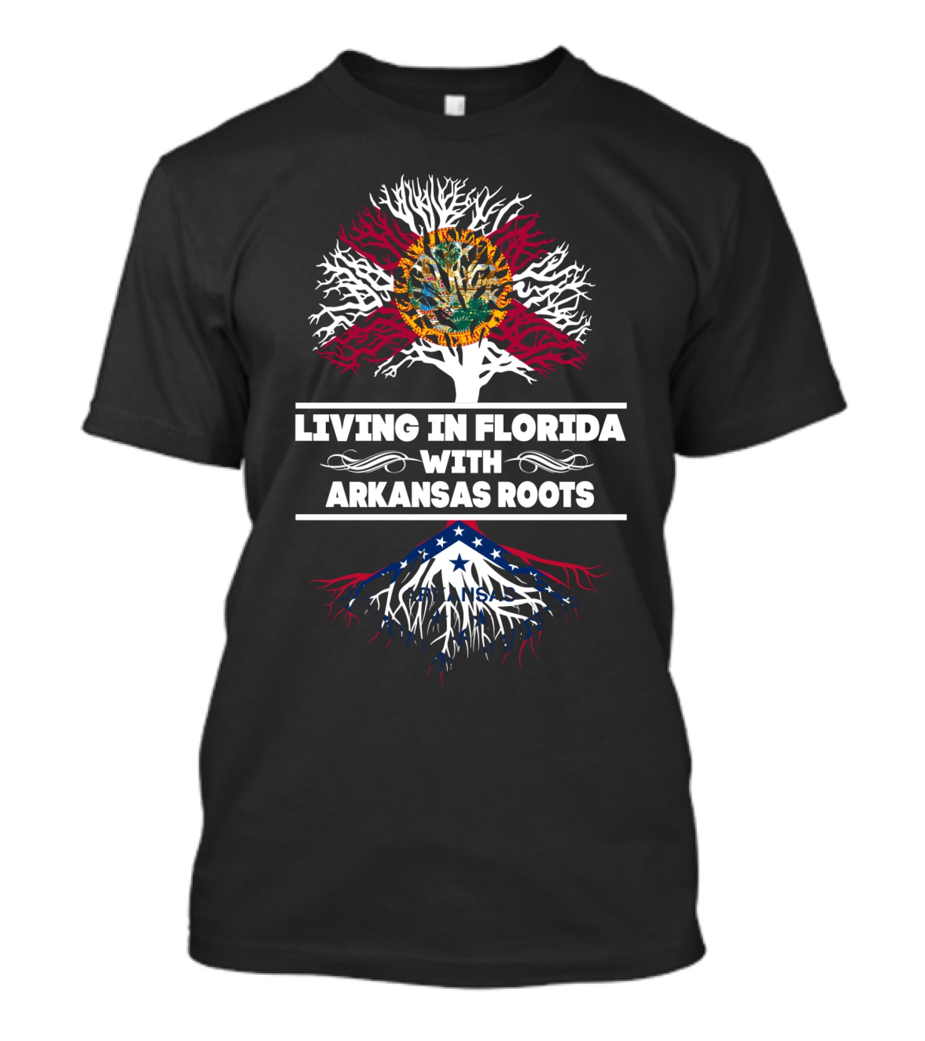 Living In Florida With Arkansas Roots Tree Design Featuring Florida State Seal And Arkansas Flag Elements T-Shirt