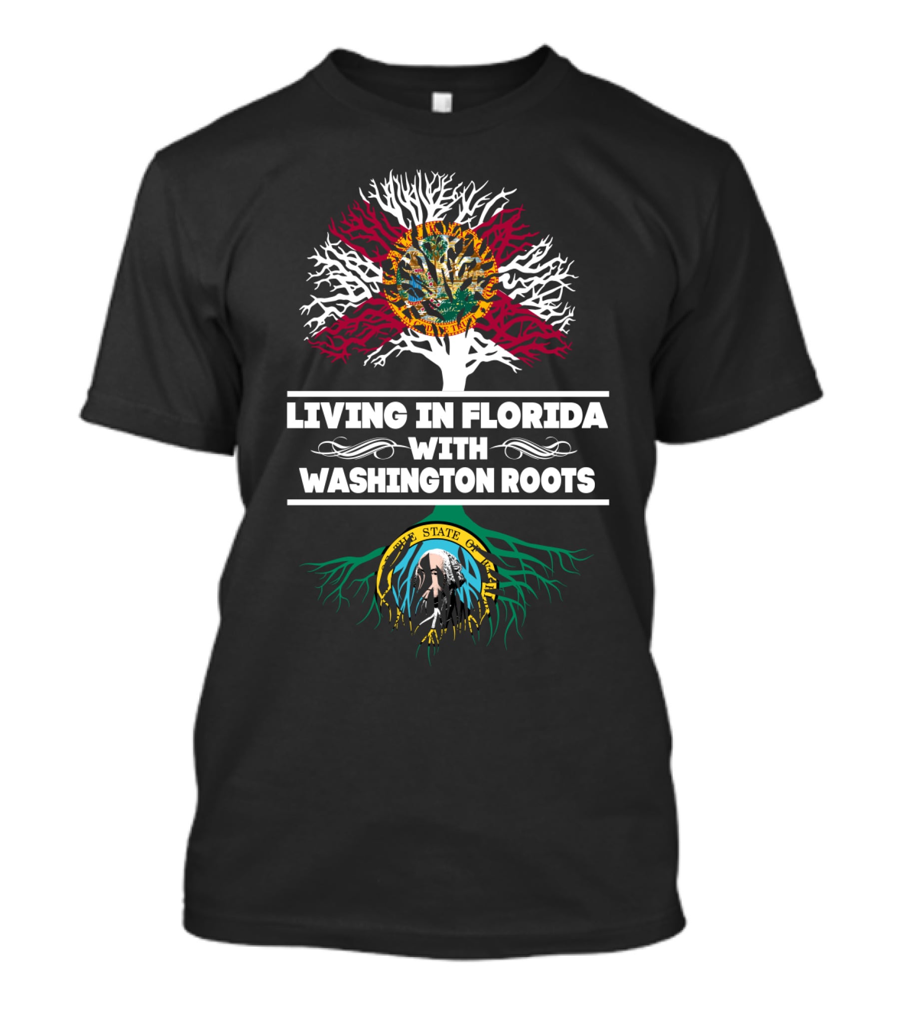 Florida Resident With Strong Washington Heritage Illustrated By State Flags And Tree Roots T-Shirt