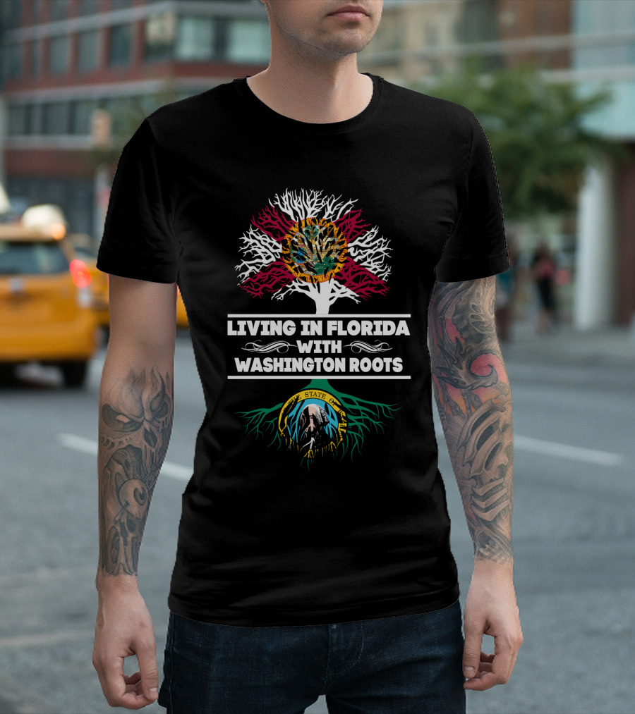 Florida Resident with Strong Washington Heritage Illustrated by State Flags and Tree Roots T-Shirt