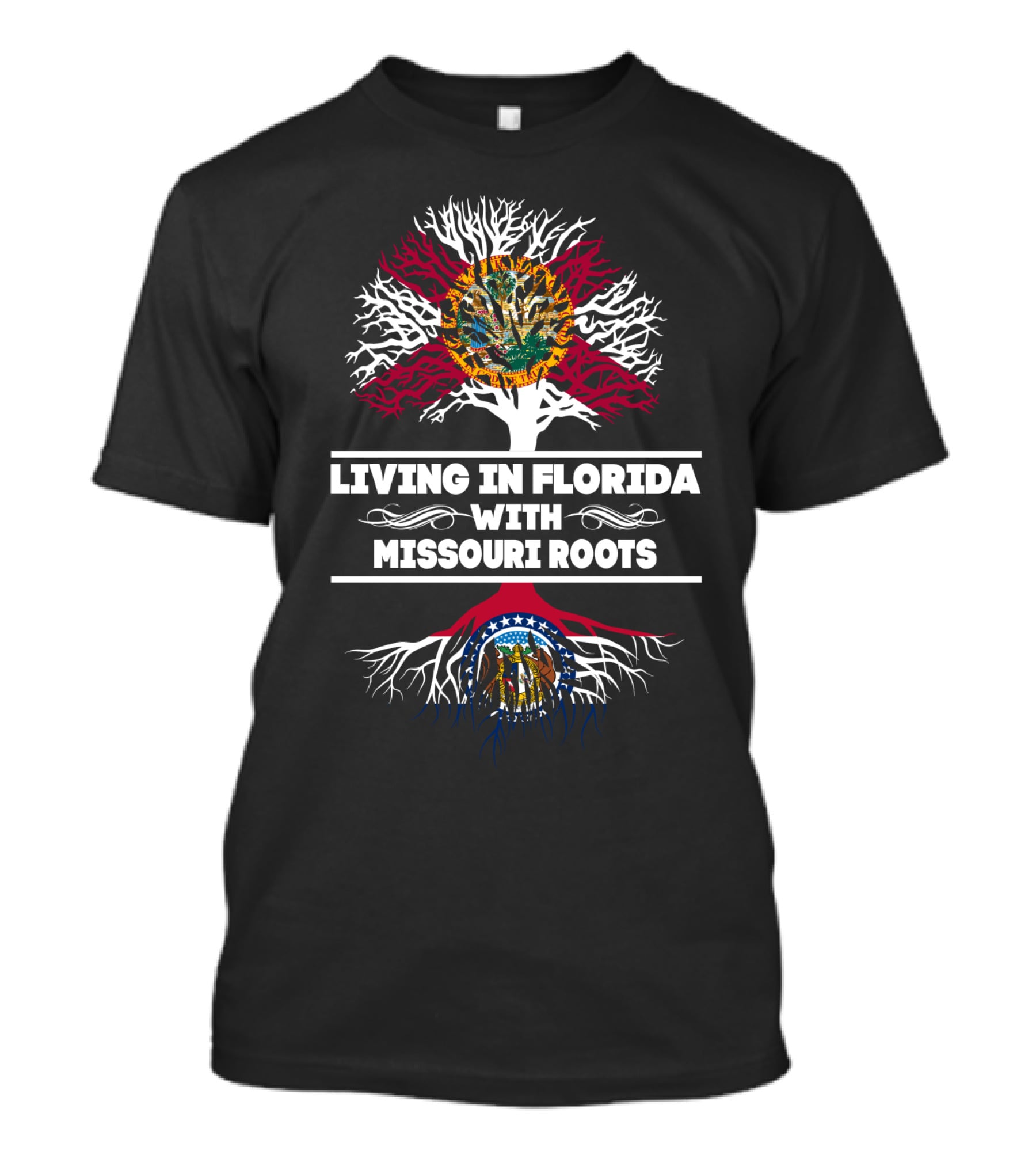 Living In Florida With Missouri Roots Florida Seal And Missouri State Emblem Tree T-Shirt
