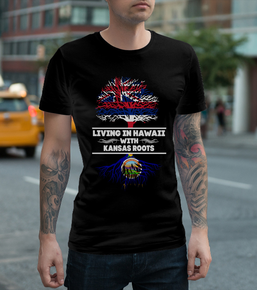 Hawaii Flag and Tree with Kansas Roots Heritage T-Shirt