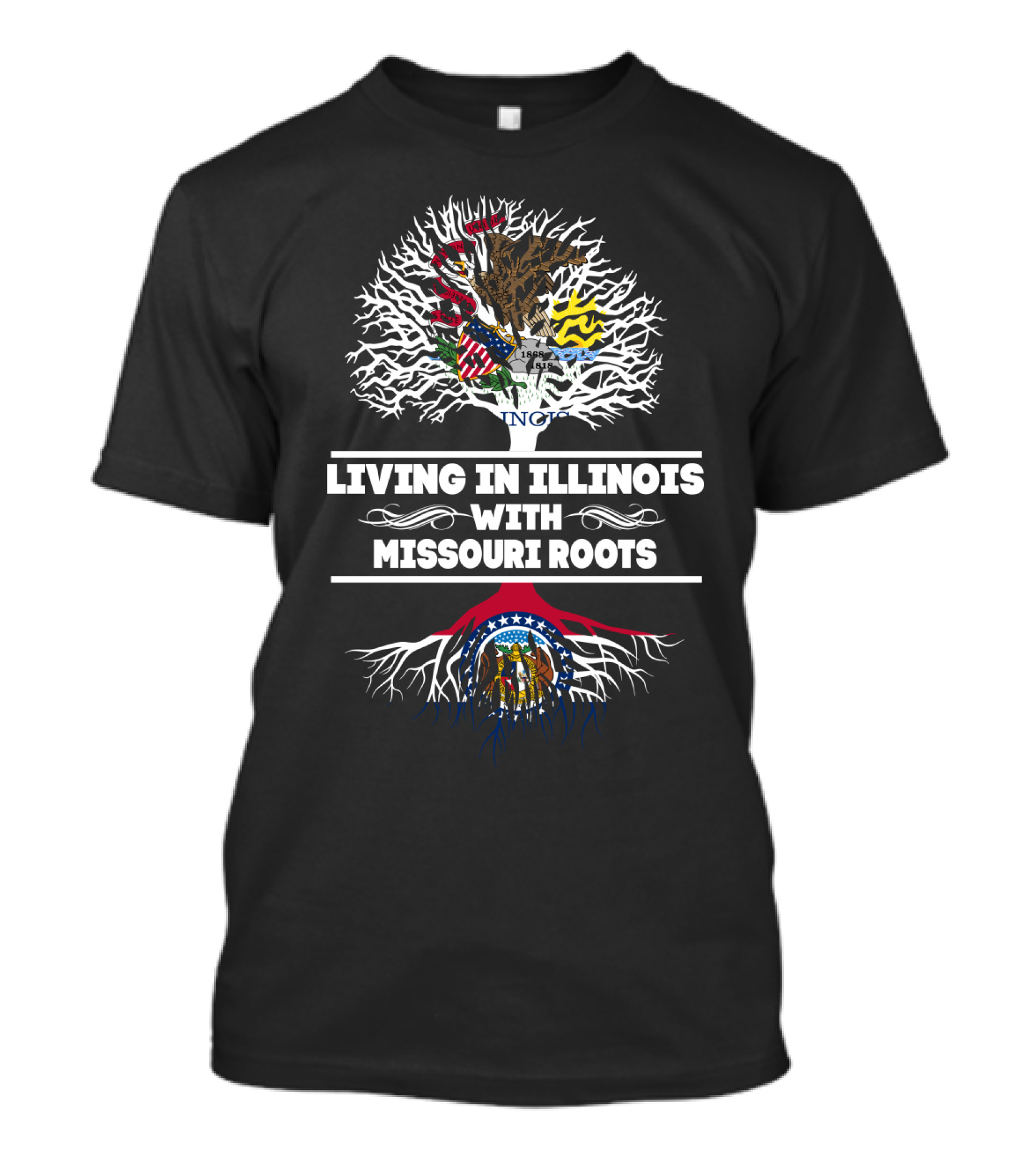 Living In Illinois With Missouri Roots Featuring State Flags And Tree Symbolism T-Shirt