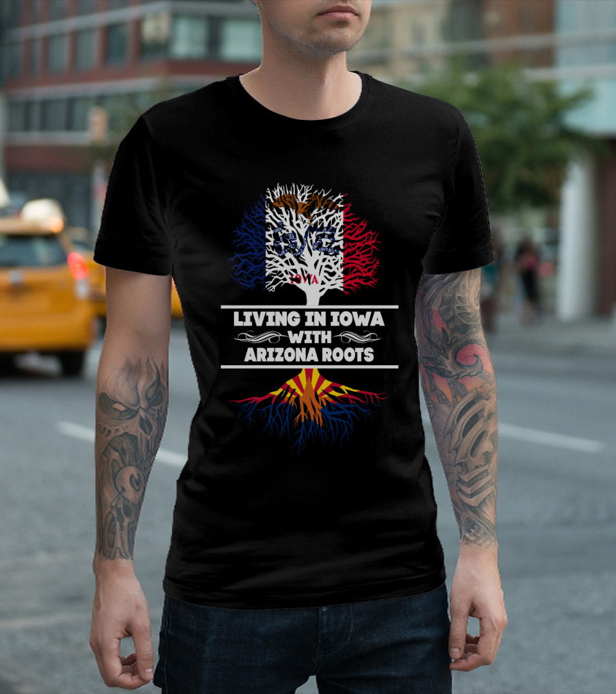 Iowa Living with Arizona Heritage Flag-Inspired Tree T-Shirt